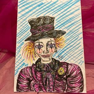 Unframed Original Art Drawing of Female Clown Made w Vibrant Markers & ink
